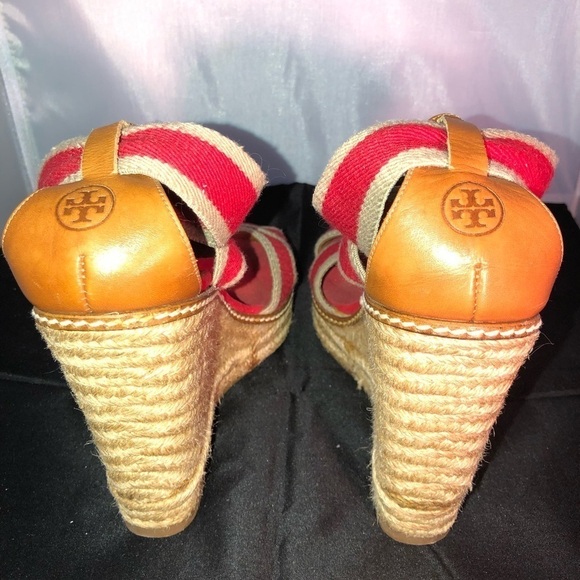 Tory Burch Adonis Red & Tan Wedge Platform Espadrilles Open Toe Size 7 - Picture 4 of 6